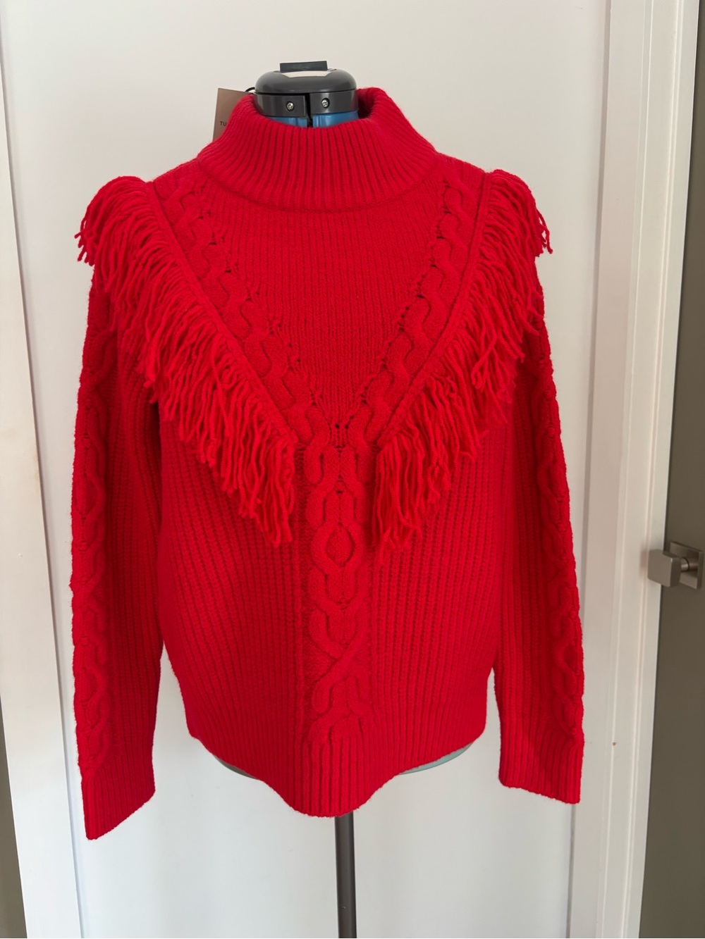 Tuckernuck Caswell Red Fringe Cable Knit Wool Sweater S NWT